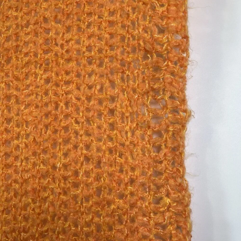 Vintage Handmade Orange Open-Weave Fringe Throw Retro Accent Blanket MCM Boho